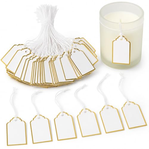 ULTNICE 500 Pcs Blank Price Tags with String: Elegant Gold Border Hanging Labels for Candles Jewelry Retail Display - Writable Mini Merchandise Tags
