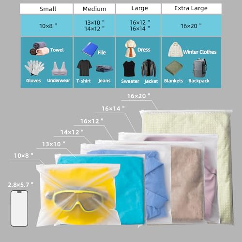 14x12 Inch Frosted Zipper Bags for Clothes 25pcs No Vent Holes - size: 25Pcs-14x12 Inch