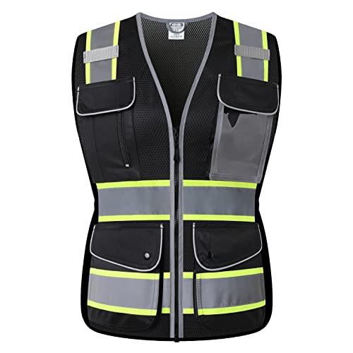 Reflective Safety Vest for Women Mesh High Visibility Vest with 8 Pockets and Front Zipper High Vis Vest Work Vests (Black-16, Large) - color: Black, size: Large