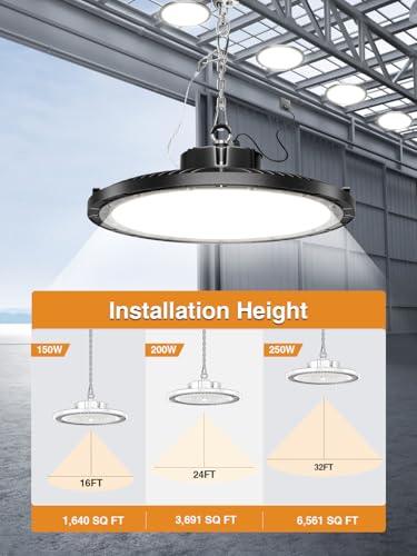 UFO LED High Bay Light 250W 6 Pack ,37500LM 5000K IP65 with 5FT US Plug - size: 250W