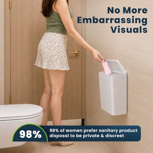 Alpine Sanitary Napkin Disposal Receptacle, Wall Mounted Trash Can, White