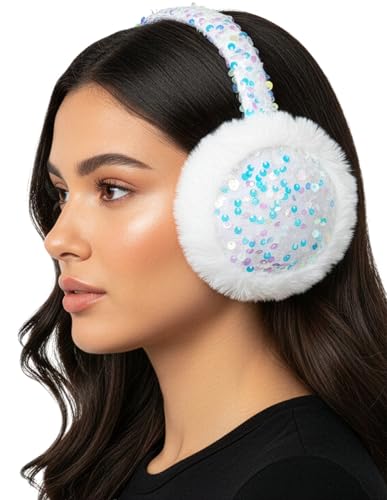 Funky Junque Women’s Winter Earmuffs - Cable Knit & Sequin - color: Sequin - White