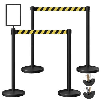 4-Pack Black Stainless Steel Crowd Control Stanchions, 9.8 ft Retractable Black and Yellow Stripe Safety Belts with 1 Sign Holder(Black and Yellow Stripe Belt) - color: Black stanchions w Black and Yellow Stripe Belt, size: 4 pcs
