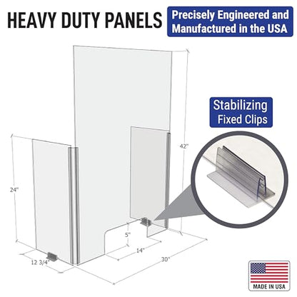 30" x 42" Acrylic Shield Plexiglass Sneeze Guard Barrier w/Cutout Transaction Opening, for Counters, Tables, Checkouts, or Desks - Shields and Protects from Coughing and Sneezing - Made in USA