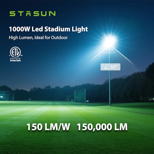 STASUN 1000W LED Stadium Lights Outdoor – Ultra Series High Power, ETL Certified, 150000LM, 5000K Daylight, 60° Beam, 100-277V, IP67 Waterproof Flood Lights for Arena, Sports Field, Parking Lot - size: 1000W