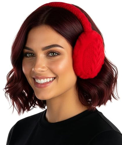 Funky Junque Women’s Winter Earmuffs - Cable Knit & Sequin - color: Cable Knit - Red