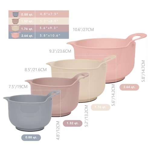 BoxedHome Nesting Plastic Mixing Bowl Set with Pour Spouts and Handles - Non Slip Bottom, BPA free Microwave & Dishwasher Safe(Khaki Pink, 4 Pack) - color: Khaki Pink