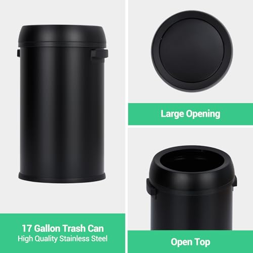 17 Gallon/65 Liter Round Open Top Trash Can, Commercial Grade Heavy Gauge Trash Bin, Stainless Steel Garbage Can, Perfect for Kitchen, Office, School, Restaurant, Matte Black - color: Black Open Top