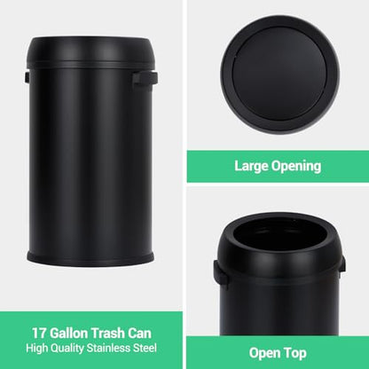 17 Gallon/65 Liter Round Open Top Trash Can, Commercial Grade Heavy Gauge Trash Bin, Stainless Steel Garbage Can, Perfect for Kitchen, Office, School, Restaurant, Matte Black - color: Black Open Top