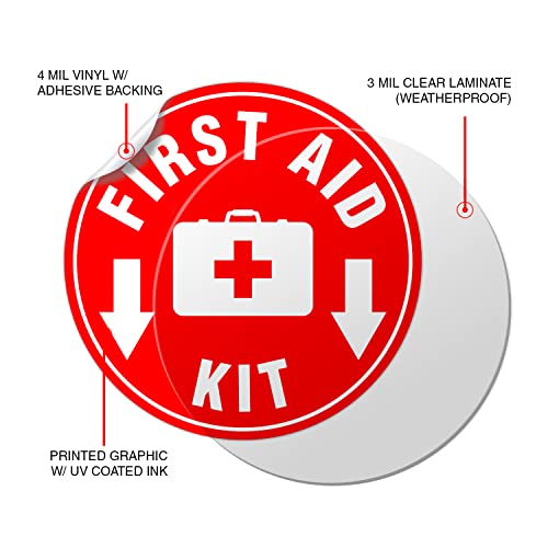 (Set of 5) First Aid Kit Sign Red | 4.5" Circle | 4 Mil Vinyl - LAMINATED For Ultimate Protection & Durability - Self Adhesive Decal - UV Protected & Weatherproof - Heavy Duty