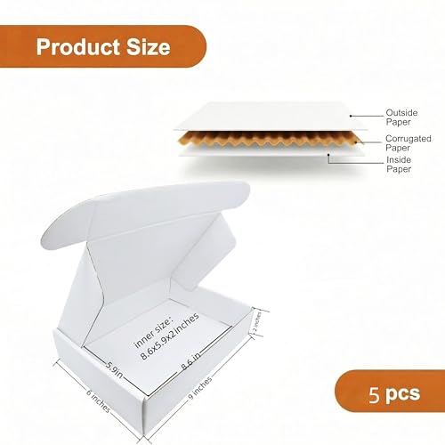 Small Corrugated Mailer Boxes 9x6x2 Inches(White, Pack of 5) - size: 9 x 6 x 2 Inch (Pack of 5)