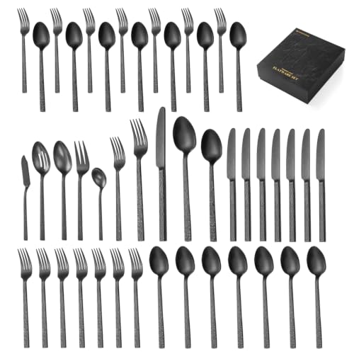 45 Pcs Black Hammered Silverware Set with Serving Utensils for 8 - color: Black, size: 45-Piece