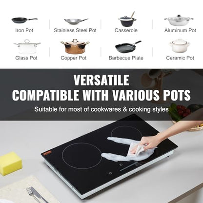 VEVOR Electric Radiant Cooktop, 24in 2 Burners Built-in Electric Stove Top, 1800W Ceramic Top Cooktop with Glass Panel, Touch Control, 9 Heat Level, Residual Heat Indicator,Timer, Child Lock, 120V - size: 24 IN-2 Burner+Touch Control