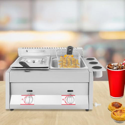 Commercial Gas Deep Fryer, 12L Stainless Steel Dual Tank Kitchen Frying Machine, Countertop Gas Deep Fryer with Basket & Lid, Double Frying Machine for Chicken Wings French Fries Restaurants