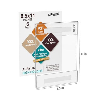 NIUBEE 8.5 x 11 Acrylic Sign Holder Wall Mount Clear Frame 6 Pack - size: 8.5x11"