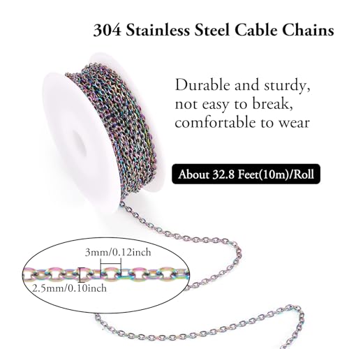 Craftdady 32.8 Feet Stainless Steel Cable Chain Link Multi-Color Unwelded Oval Cross Chain 2.5x2.5mm with Spool for Jewelry Pendant Necklace Bracelet Making - color: Multi-Colors, 10 Meters, 2.5x2.5mm