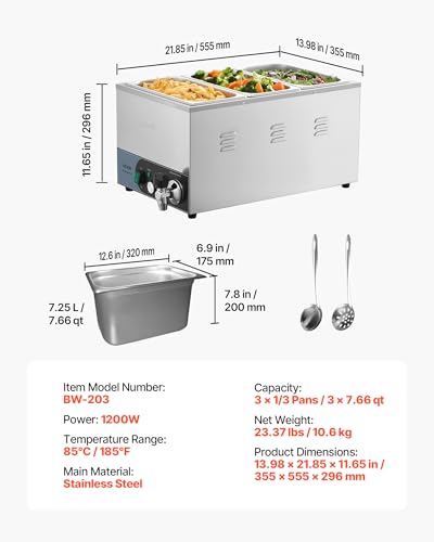 VEVOR Commercial Food Warmer, 1200W Electric Stainless Steel Steam Food Warmer, Fast Heating Countertop Buffet Bain Marie with Detachable Power Cord, for Catering, Restaurants, Parties & Buffets - size: 3*1/3Pan;20CM Depth
