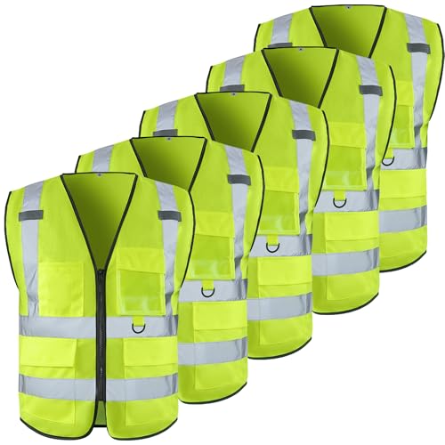 High Visibility Safety Vest for Men ，Class 2 Hi Vis Vest with Pockets, Reflective Vest for Construction Work, Volunteer, Cycling, Yellow M 5 Pack - color: Yellow, size: Medium