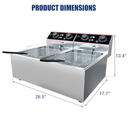 23 QT Commercial Deep Fryer with Double Baskets and Lid, Electric Stainless Steel Countertop Commercial Oil Fryer, Adjustable Temperature Control, for Kitchen and Restaurant
