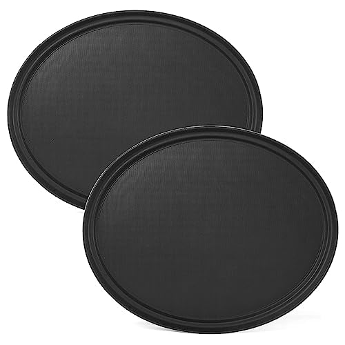 CURTA 2-Pack Restaurant Grade Non-Slip Tray, NSF, Oval 19-Inch x 23-Inch, Plastic Rubber Lined Round Serving Tray, Black - color: Black-oval, size: 23" x 19" x 1"