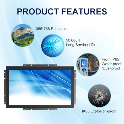 Multi-Touch Industrial Touch Screen Monitor 18.5 Inch Multi-Touch Open Frame Display, 1366x768 IP65 Waterproof IK08 Impact-Resistant Monitor with HD-MI VGA Port, 16:9 Black - size: 18.5
