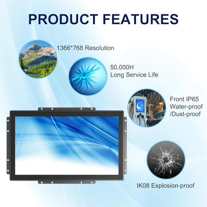 Multi-Touch Industrial Touch Screen Monitor 18.5 Inch Multi-Touch Open Frame Display, 1366x768 IP65 Waterproof IK08 Impact-Resistant Monitor with HD-MI VGA Port, 16:9 Black - size: 18.5