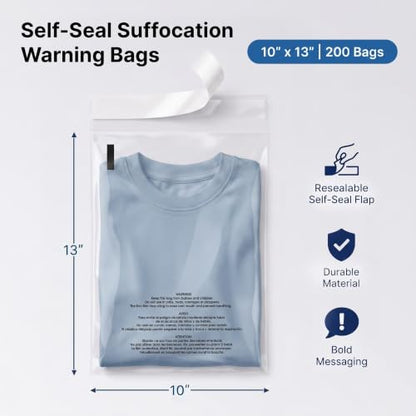 10” X 13” (200 Count) Self Seal Clear Poly Bags with Suffocation Warning - size: 10" X 13"