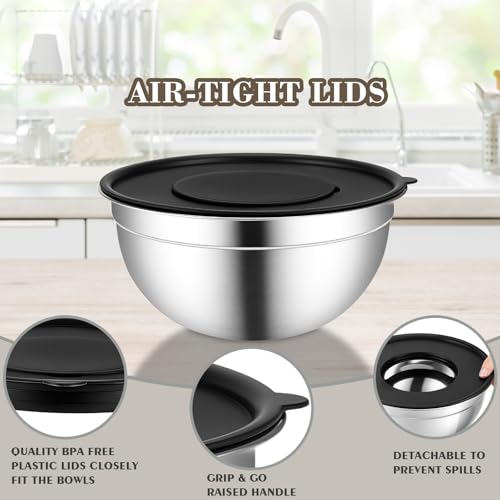 HOOTO Stainless Steel Mixing Bowls with Lids, 5 Pcs Mixing Bowls with Lids Set Included 3 Grater Attachments, Size 4.5, 4, 3.5, 2.1, 1.5QT Mixing Bowl Set for Baking and Serving (Black, 5 Pack)