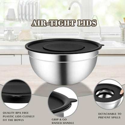 HOOTO Stainless Steel Mixing Bowls with Lids, 5 Pcs Mixing Bowls with Lids Set Included 3 Grater Attachments, Size 4.5, 4, 3.5, 2.1, 1.5QT Mixing Bowl Set for Baking and Serving (Black, 5 Pack)