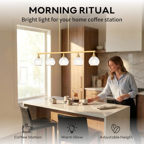 Phaosio Brushed Gold Kitchen Island Linear Pendant Light, 5-Light - color: Gold (White Glass Shades), size: 5-Light