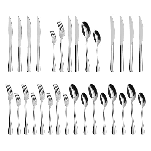 24-Piece Silverware Set with Steak Knives,Flatware Set for 4, Food-Grade Stainless Steel Tableware Cutlery Set, Mirror Finished Utensil Sets for Home Restaurant - size: 6.7-9.1 inches silverware set 24pcs