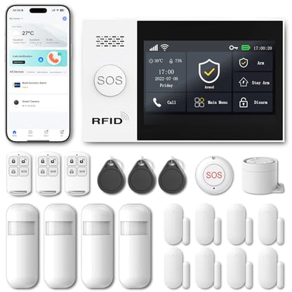 PGST Home Security System, Home Alarm System Wireless Touch Screen Motion Detection, Door and Window Alarms for Home, Wireless Siren, Remotes, Phone App, for Villa Home Apartment - color: Black
