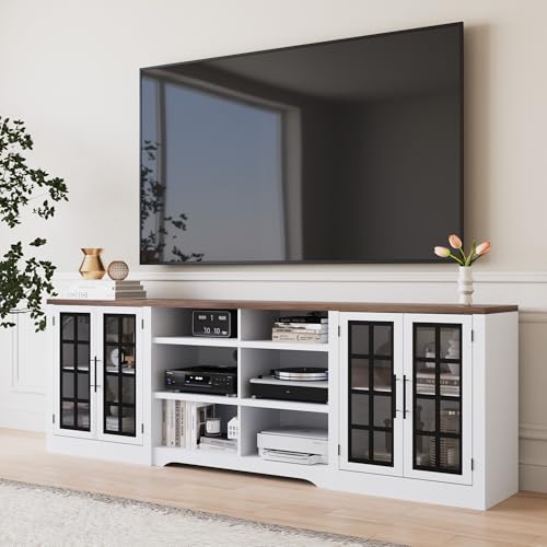 Bobve Farmhouse TV Stand for TVs up to 100", Modern Entertainment Center with 2 Cabinets and 3-Tier Open Shelves, Rustic TV Console for Living Room, Bedroom, White+Black - color: White+black