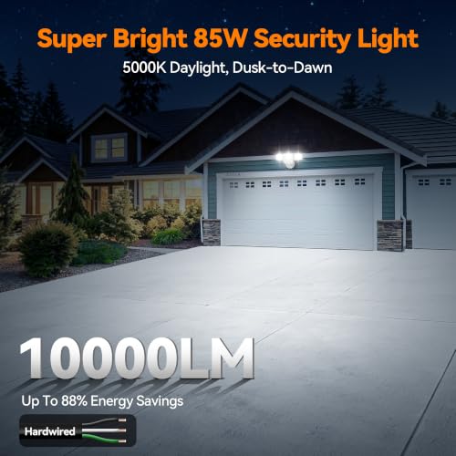85W 10000LM Switch Controlled Outdoor Flood Lights, 4-Head Super Bright LED Security Light, 5000K Daylight, IP65 Waterproof Hardwired Exterior Light for Outside Garage Yard (White) - color: White