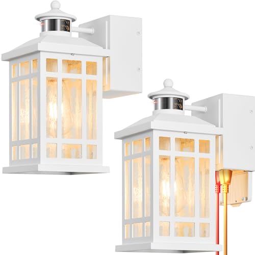 White 2-Pack Porch Lights with GFCI Outlet, Modern Updated Dusk to Dawn Outdoor Lighting, Waterproof Outdoor Light Fixture with Tempered Glass, Outside Light Wall Mount for House Garage - color: White, size: Motion Sensor 2-Pack