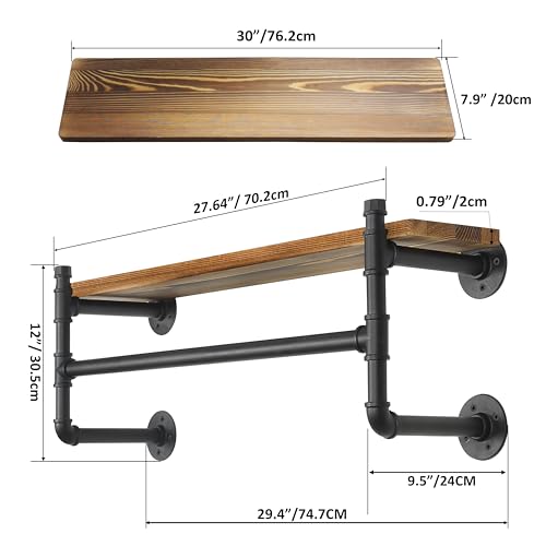 WEBI Wall Mounted Clothes Rack with Shelf,30" Industrial Pipe Clothing Rack with Shelf with Hanging Rod,Heavy Duty Iron Garment Rack Bar,Retail Display Clothes Rod for Laundry Room,Closet,Black - color: Black, size: 30 Inch