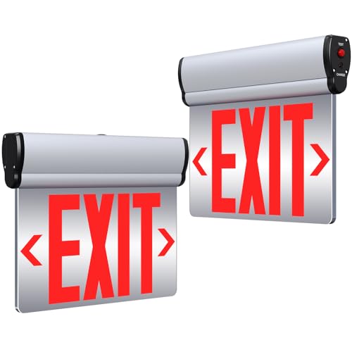 Led Edge-Lit Exit Sign ,Brushed Aluminum Housing Double-Sided Mirrored Rotating Acrylic Panel,Hardwired Emergency Exit Signs with Battery Backup, 120V-347VAC,Red Led Emergency Exit Light for Business , UL Listed,Top/Side/Wall Mount(2 Pack) - size: Double