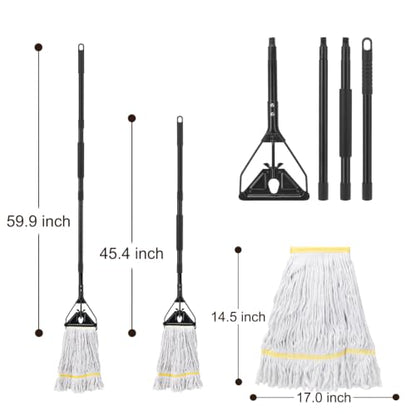 Commercial Industrial Mop,59" Handle,3 Extra Large White Replacement Heads - size: Black Metal Handle + 3 White Heads