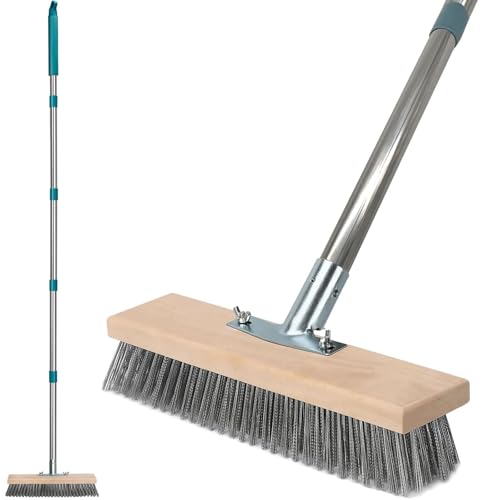 Stainless Steel Deck Scrub Brush with Long Handle, Heavy Duty Floor Scrubber Moss Remover Concrete Wire Bristle Brush for Cleaning Yard Broom Outdoor Metal Patio Scrubbing Brush