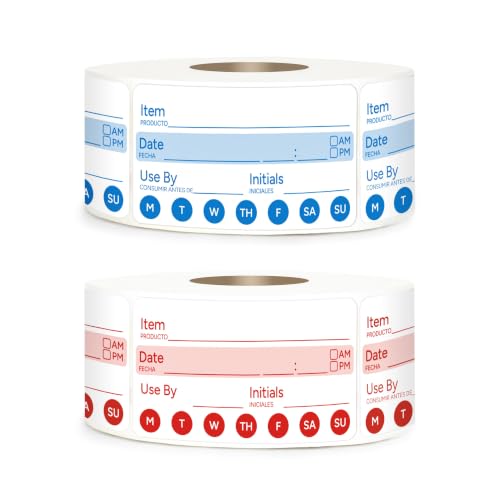 2 Rolls 1000 Pcs 1 X 2 inch Removable Food Date Sticker Labels, Easy to Write for Freezer, Refrigerator Food Containers Date Sticker, Leftover Labels (Blue-Red-Spanish-Week) - style: Blue-Red-Spanish-week