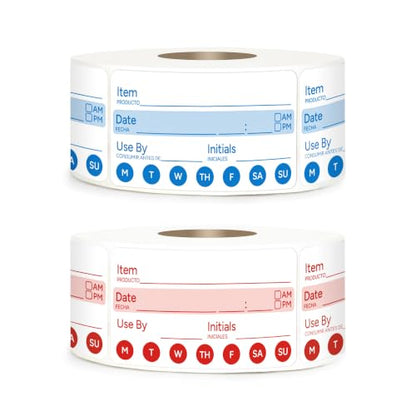 2 Rolls 1000 Pcs 1 X 2 inch Removable Food Date Sticker Labels, Easy to Write for Freezer, Refrigerator Food Containers Date Sticker, Leftover Labels (Blue-Red-Spanish-Week) - style: Blue-Red-Spanish-week