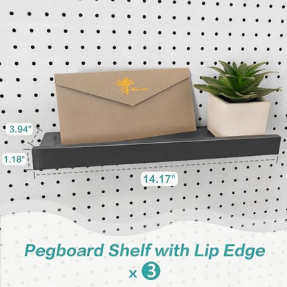 Black Pegboard Shelves with Lip, 3Pack 14" x 4" Peg Board Racks & Brackets - color: Black
