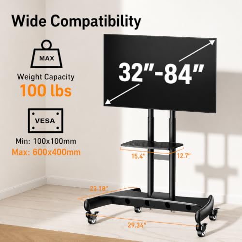 Perlegear Rolling TV Stand for 32-84 Inch TV, Mobile TV Cart up to 100lbs, Adjustable Height Outdoor TV Cart with Heavy-Duty Base, VESA 600x400mm, Portable TV Stand on Wheels for Livingroom PGTVMC05-1 - size: for 32-84 Inch TVs, style: Basic with Manual L