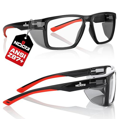NoCry ANSI Z87.1 Clear Safety Glasses with Side Shields — Durable Anti Fog & Scratch Resistant Eye Protection Glasses or Men & Women — ANSI Z87 Rated Protective Eyewear with 100% UV Shielding for Work - color: Black & Red