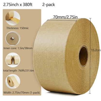 CHUANGSEED 2-Pack Reinforced Water Activated Gummed Kraft Paper Tape, 2.75 inch x 380 ft, Total 760ft,for Heavy Duty Secure Packing and Shipping Writable Eco-Friendly Biodegradable
