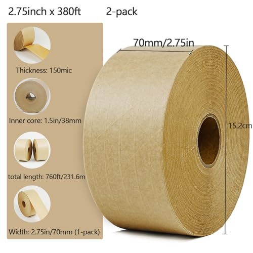 CHUANGSEED 2-Pack Reinforced Water Activated Gummed Kraft Paper Tape, 2.75 inch x 380 ft, Total 760ft,for Heavy Duty Secure Packing and Shipping Writable Eco-Friendly Biodegradable