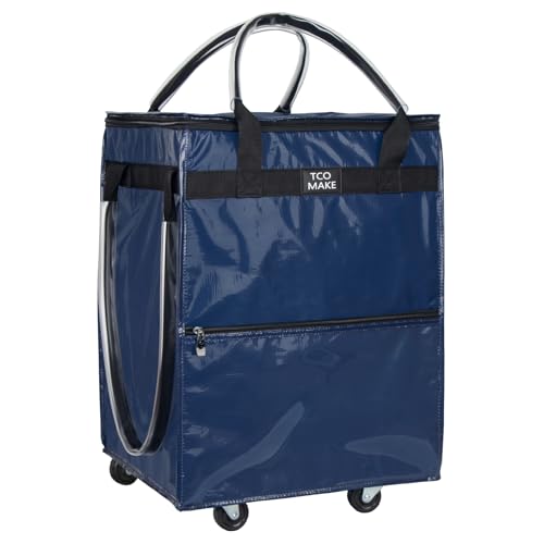 Medium DK Blue Reusable Grocery Bag on Wheels, Folding Rolling Tote - color: Dk Blue, size: Medium
