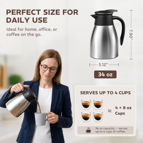 Thermal Coffee Carafe for Keeping Hot – 34OZ Insulated Small Coffee Pot - color: Stainless Steel, size: 34 Ounces