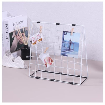 Photo Display Rack, Note Display Rack, Double-sided Photo Metal Rack, Suitable for Use As a Home Desk Photo Organizer, With 20 Wooden Clips, White - color: White