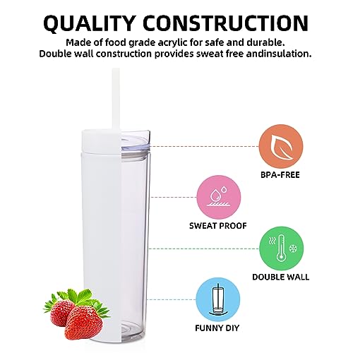 Volhoply 16oz Plastic Skinny Tumbler with Lid and Straw Bulk 4 Pack,Insulated Double Wall BPA Free Matte Acrylic Tumblers,Iced Coffee Travel Mug Reusable Party Cup,Customizable Diy Gifts(White,4 Set) - color: White